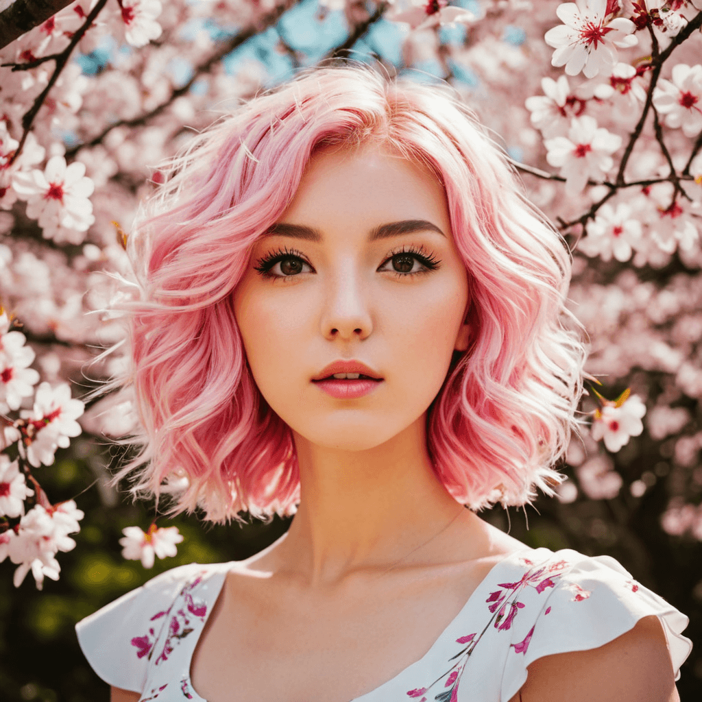 AI generated: Light pink hair, pink eyes, pink and white, sakura leafs, vivid colors, white dress, paint splash, s...