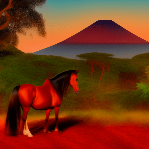 AI generated: horse in the forest, near beach, volcano in background, sunrise, two red moons in background