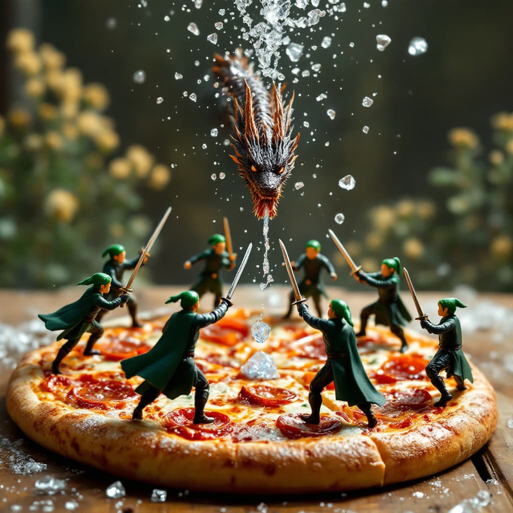AI generated: tiny 10 men fighting with swords above a pizza , 5 men wearing green and the other 5 wearing black a...
