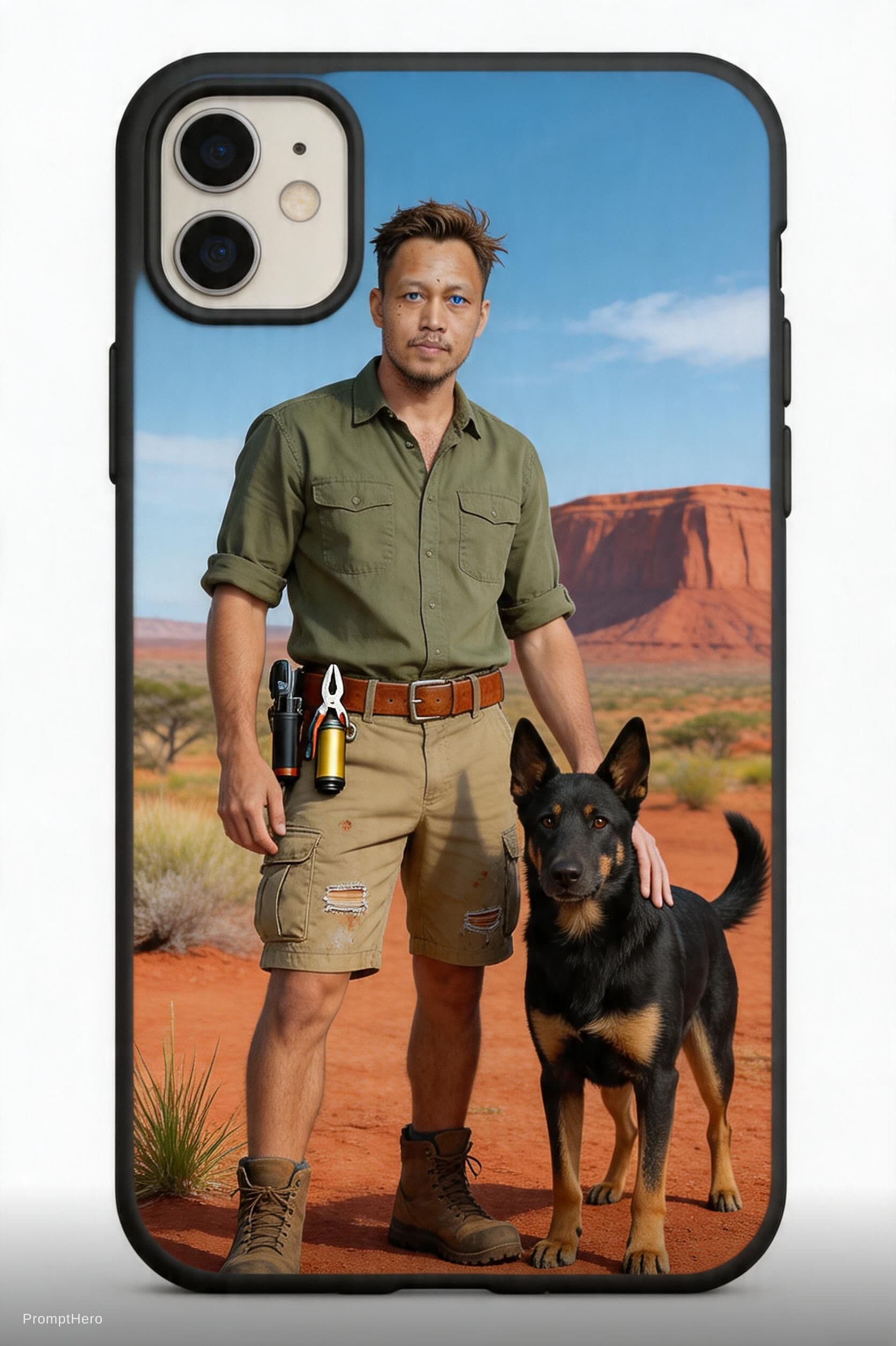 AI generated: Create a striking, realistic illustration for a men's phone case, featuring an Australian man with h...