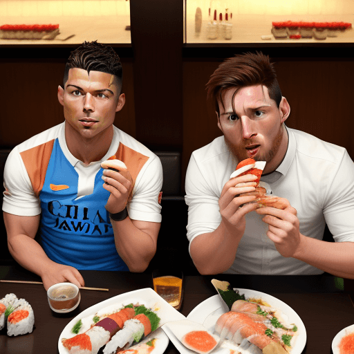 AI generated: Ronaldo and messi eating Sushi Realismus in a resturand with a Beer and Pizza and with portugal with...