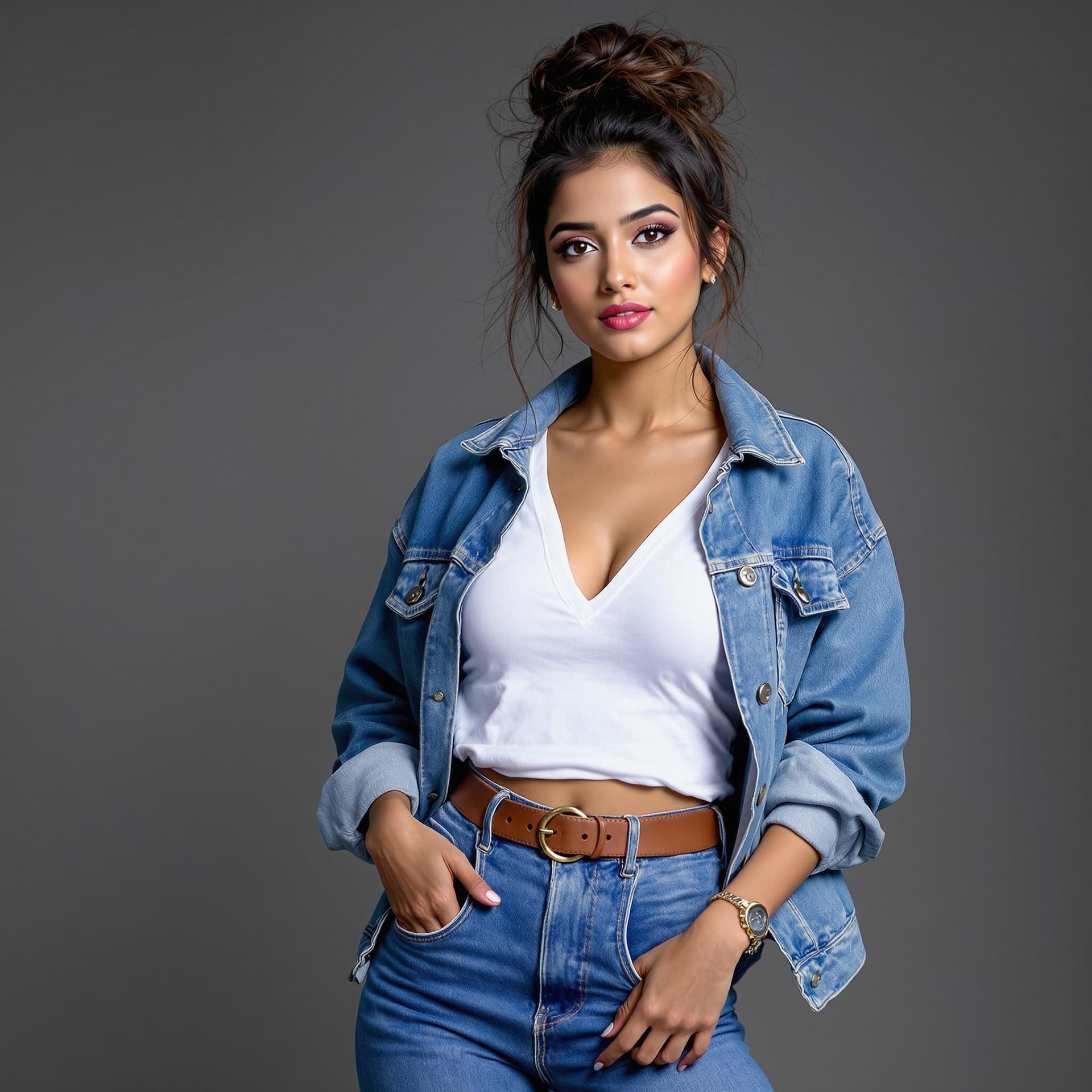 AI generated: A young Beautiful Indian woman in a casual and confident pose, standing slightly angled to her left ...