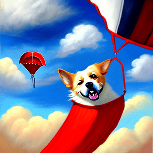 AI generated: Falling happy dog attached to a red parachute amidst sunny clouds.
Style: oil painting