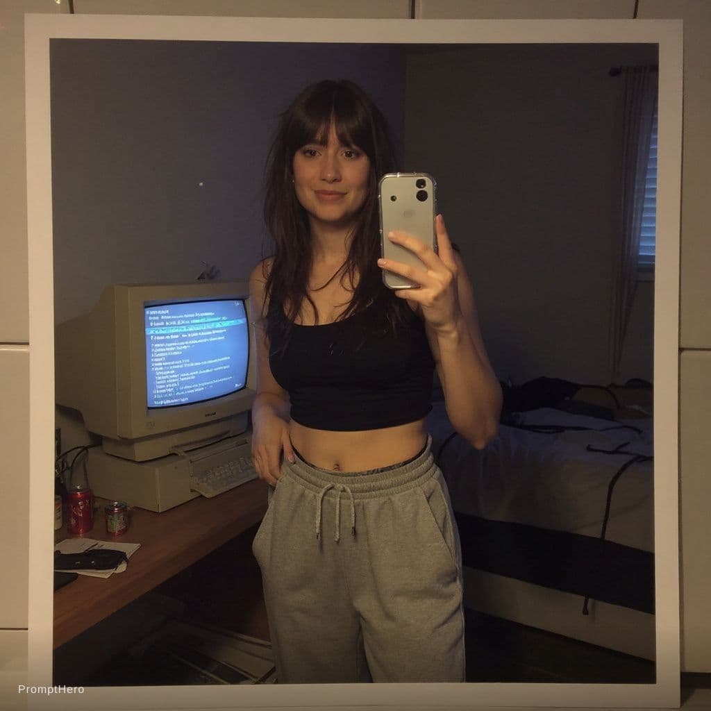AI generated: Chaotic early-2000s lo-fi disposable camera photo in a dim bedroom corner. The same rebellious figur...