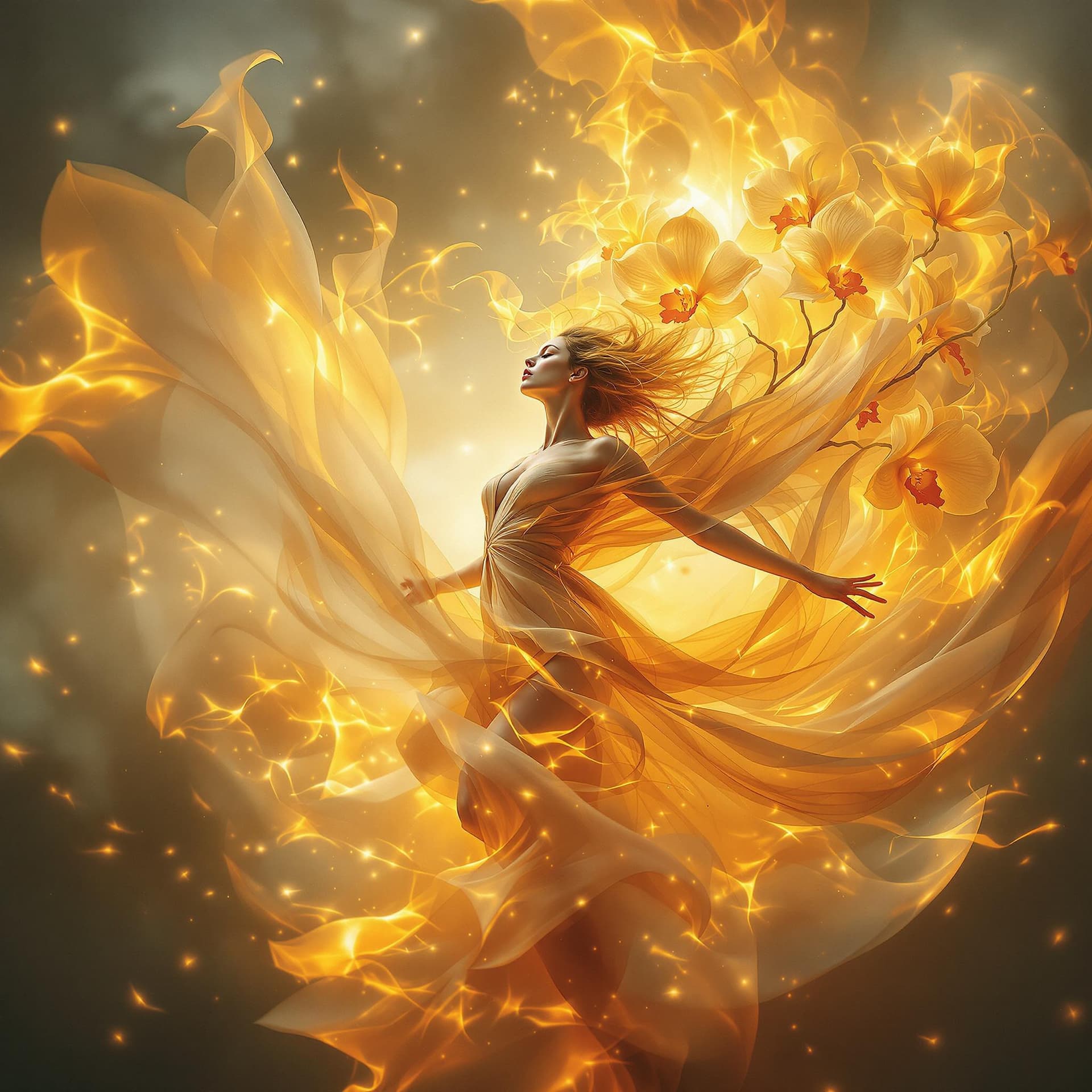 AI generated: triple exposure photograph of an ethereal dancer in flowing fabrics surrounded by large orchid petal...
