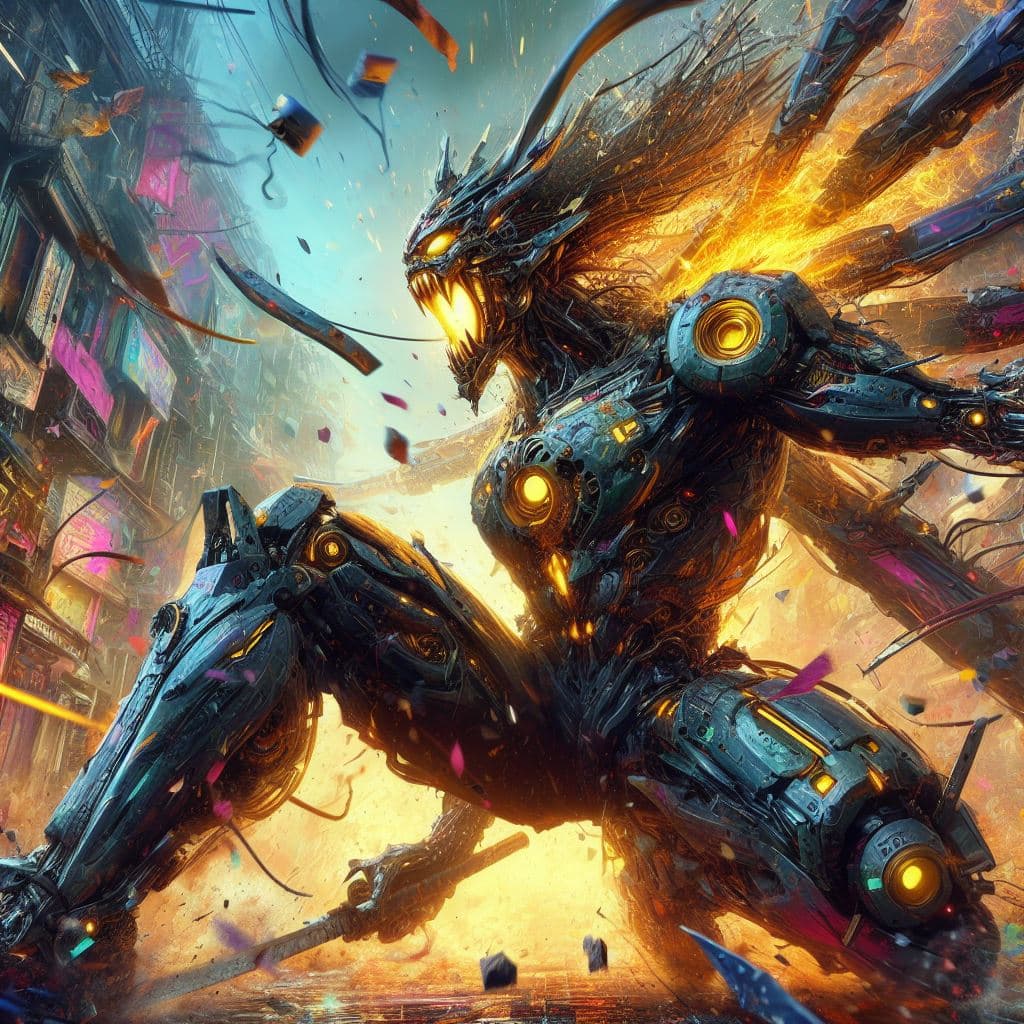 AI generated: painterly style, photorealistic, detailed flying debris, more colorful, a screaming in rage cyber sh...