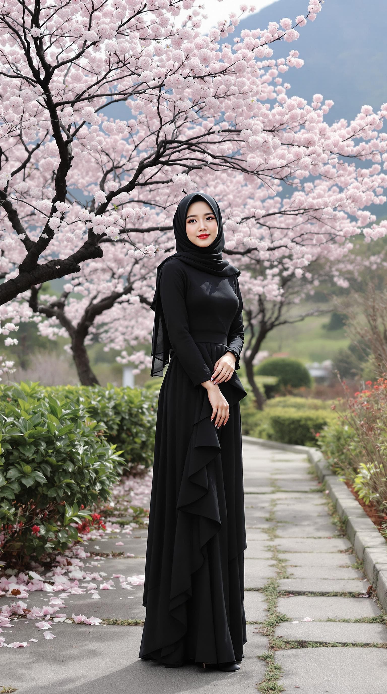 AI generated: a girl, Korean woman, korean ulzzang face, in a dress clothes, wear a black hijab and beautiful blac...