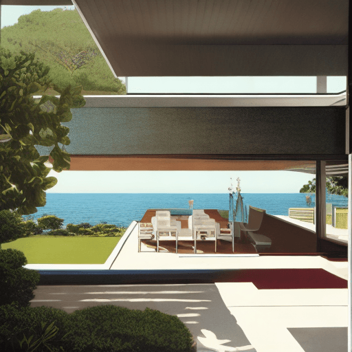 AI generated: Hyper realistic eye level exterior photo of a mid century modern style house overlooking the ocean, ...