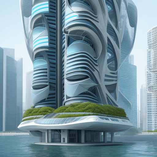 AI generated: futuristic building that deals with rising sea levels through design, futuristic commercial building...