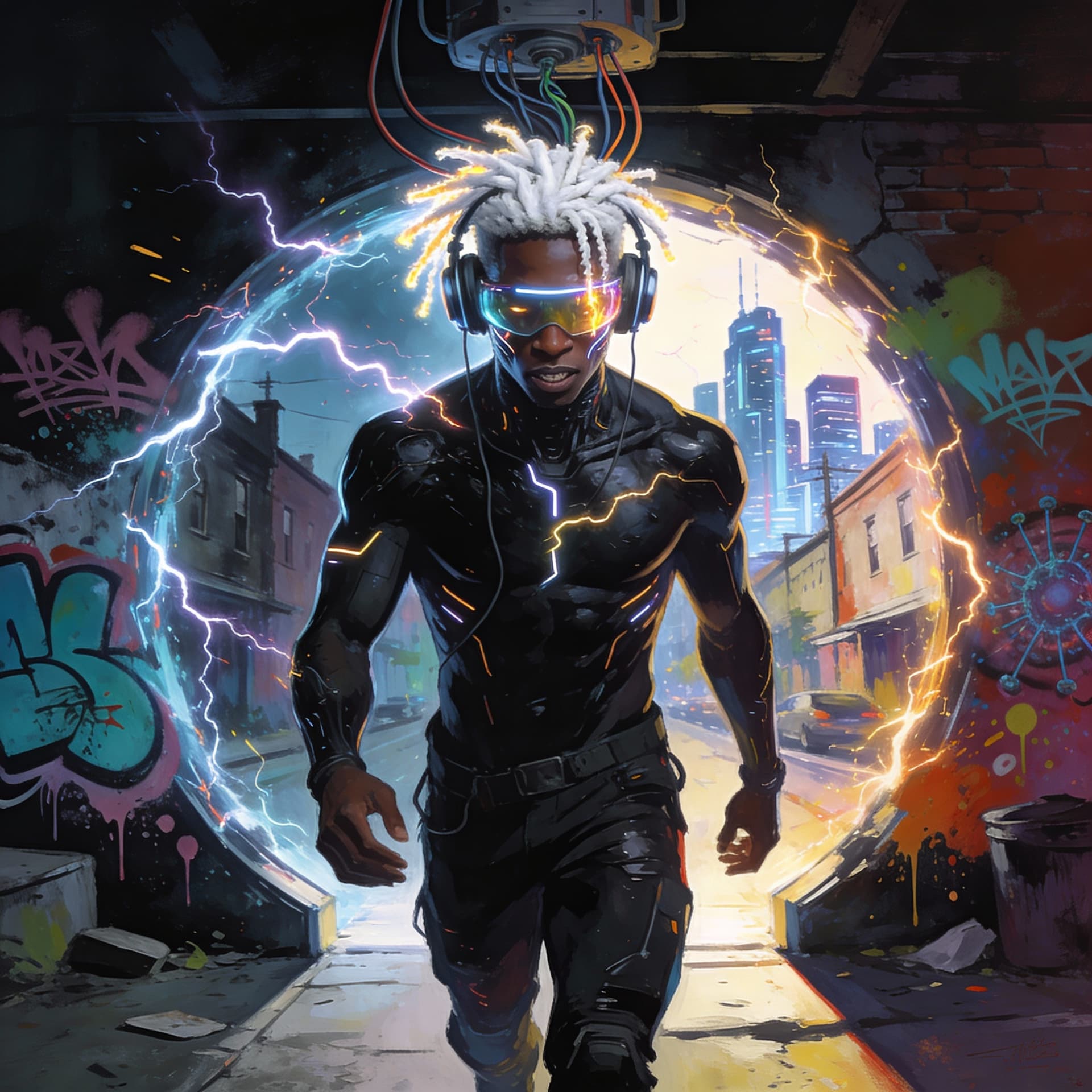 AI generated: A full-body 3D illustration of a futuristic cyberpunk African American male, his skin is very dark o...