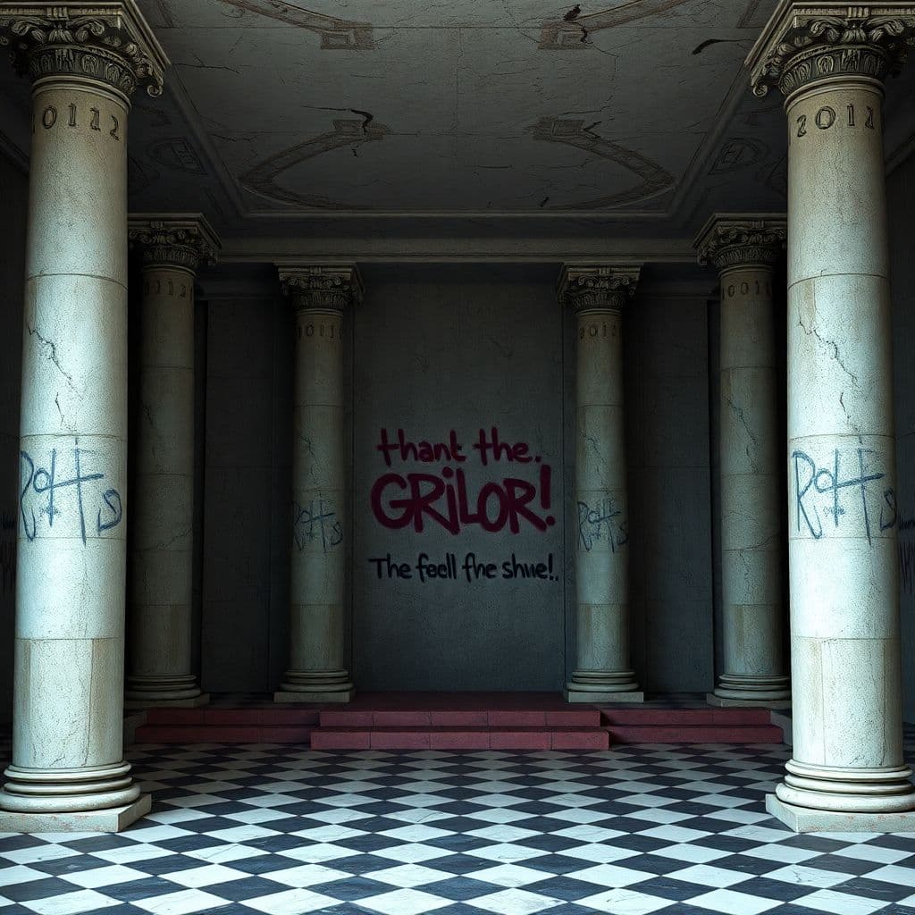 AI generated: Empty throne room with cracked pillars, checkered floor and graffiti on the wall, realistic 3d illus...