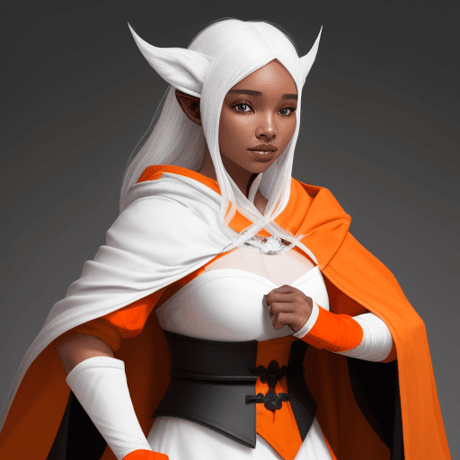 AI generated: D&D white harengon with black nose.  she is wearing and orange and white cloak
