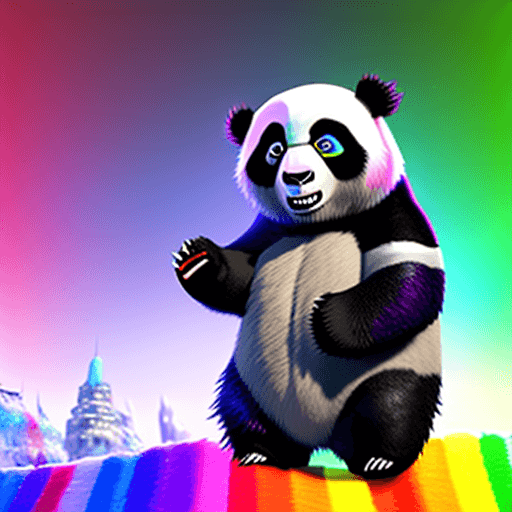 AI generated: A masterpiece-quality studio photo of a Super-HAIRY Rainbow Color SteamGoth PANDA, open posed amidst...