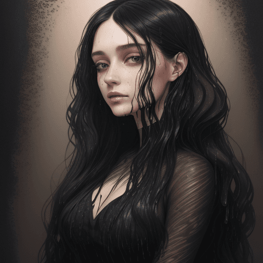 AI generated: a beautiful young woman in black with long hair, in the style of textural layers, reefwave, light br...