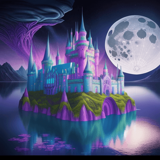 AI generated: a brightly colored castle in the middle of a lake with a moon in the background, detailed dreamscape...