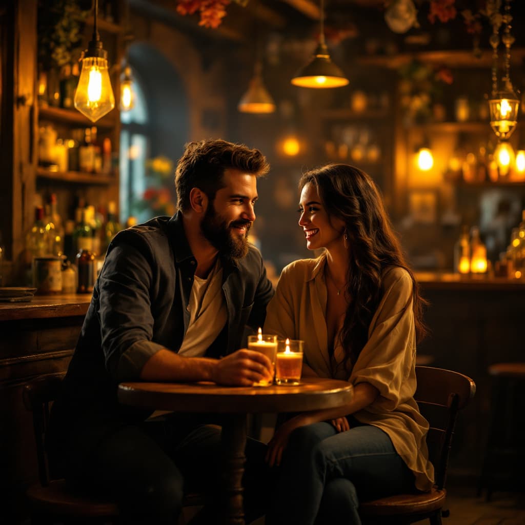 AI generated: A towering 5 meters tall man and woman, sit casually in a cozy, dimly lit bar with rustic wooden fur...
