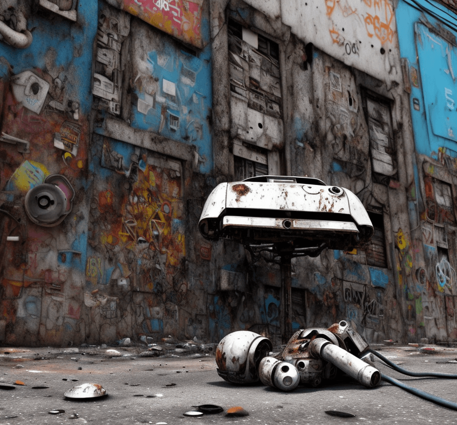 AI generated: a  lost  rusted white big robot  is dead. It is lying on its back on  the ground in the street in a ...