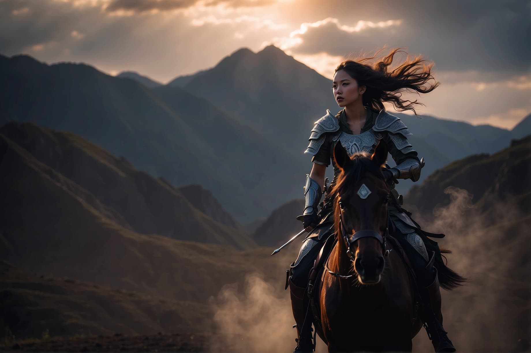 AI generated: epic shot of woman with light armor riding a horse, background mountains, epic extreme long shot, da...