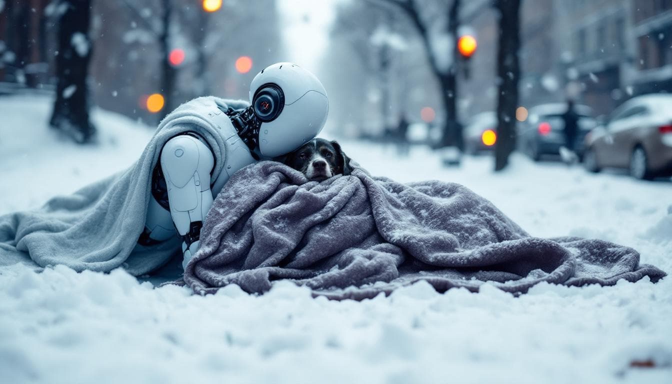 AI generated: A robot covers a dog with a blanket and dies of cold in the New York snow.