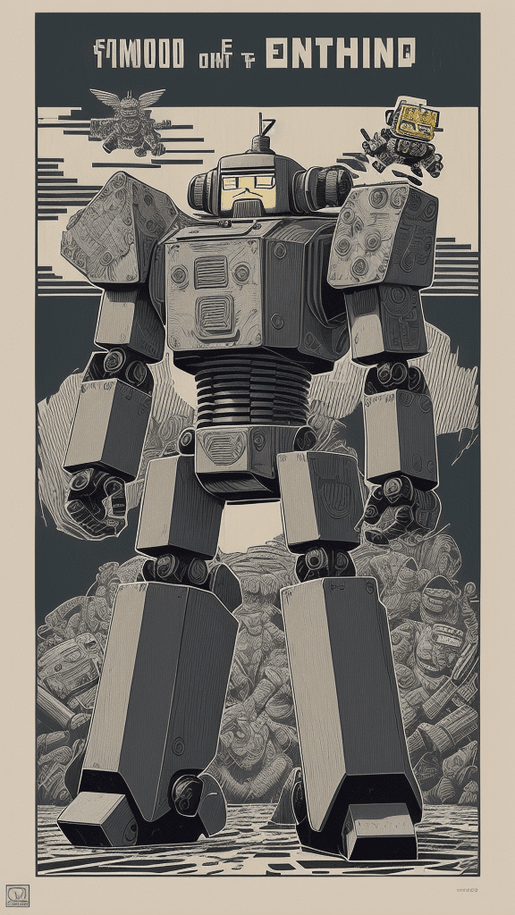 AI generated: mono pixelated poster, signed "amf101fma", a digital woodblock illustration of a robot enforcing the...