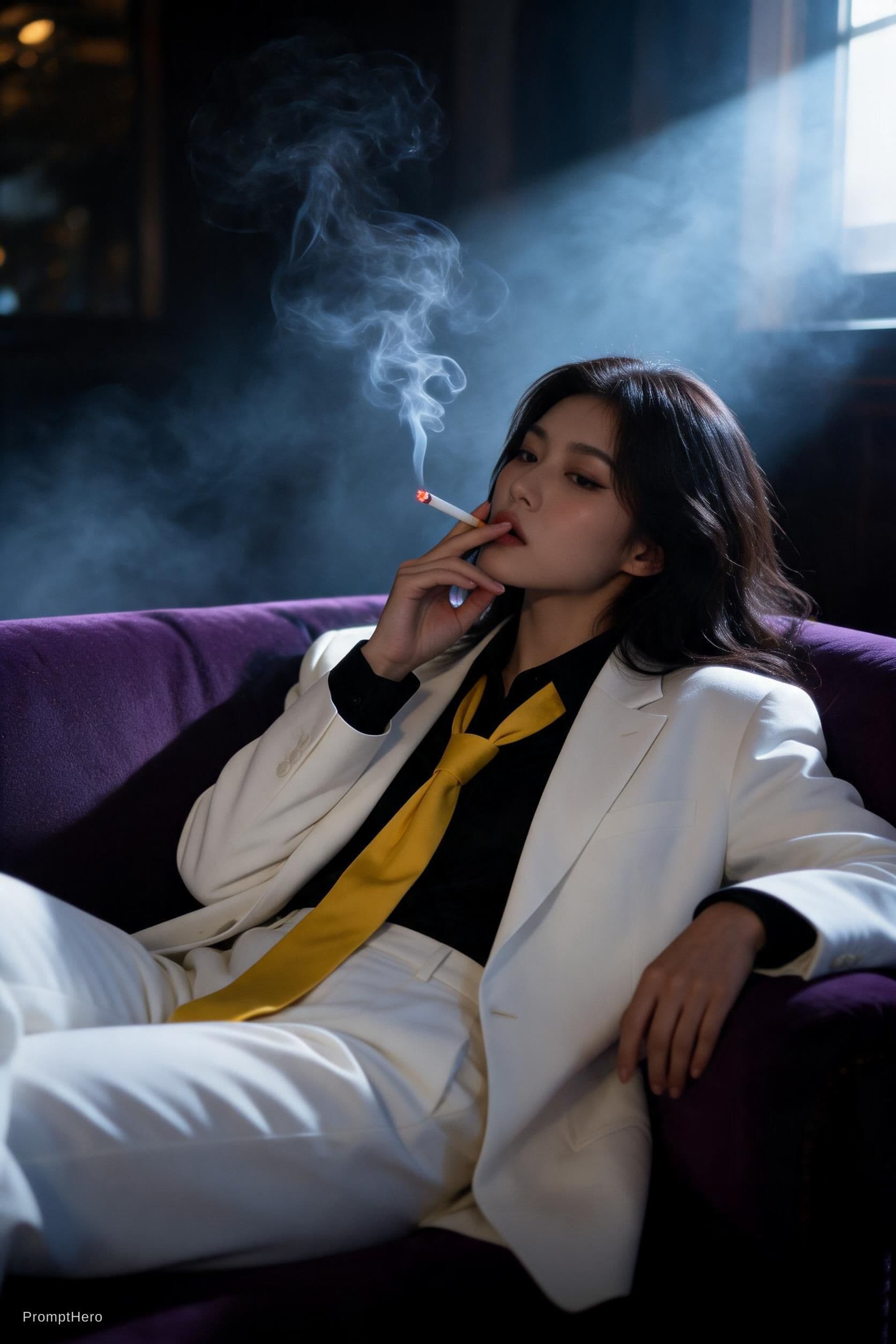 AI generated: snapshot,dimly lit room with a hazy atmosphere,capturing a female model lounging on a deep purple co...