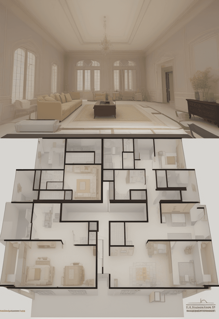 AI generated: An internal engineering map for a house with a spacious kitchen, a large salon, an additional room, ...