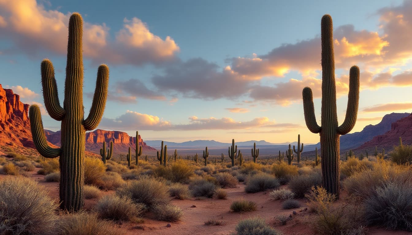 AI generated: Estilo western, en el desierto al atardecer. Hay cactus. I want a long distance view of the desert, ...