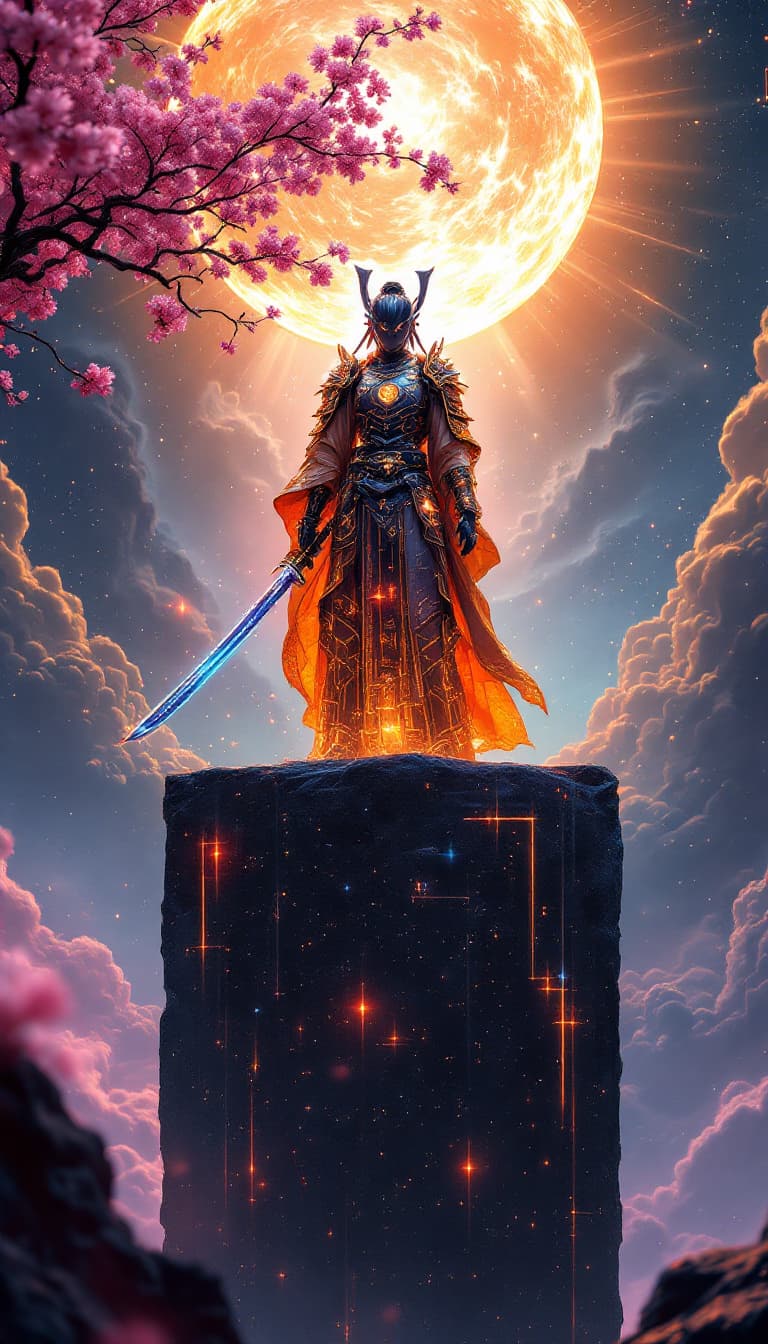 AI generated: Ultra-realistic vertical masterpiece (9:16 aspect ratio) of a quantum samurai standing atop a floati...