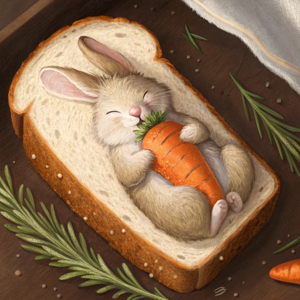 AI generated:  bunny sideway sleep (inside bread) with blanket of bread, eye closed, hugging his carrot plush doll...