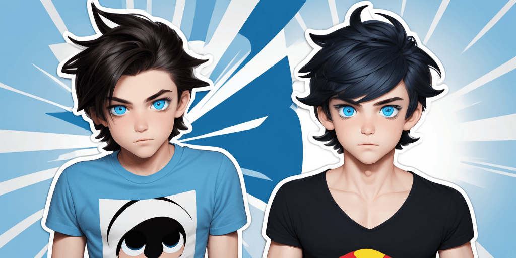 AI generated: sticker of cute boy like cartoon heroes, blue eyes, detailed eyes, with dark hair wearing design tsh...