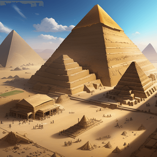 AI generated: background, landscape, ancient Egypt, market area, giant pyramids, daylight, fine line : 2d game art...