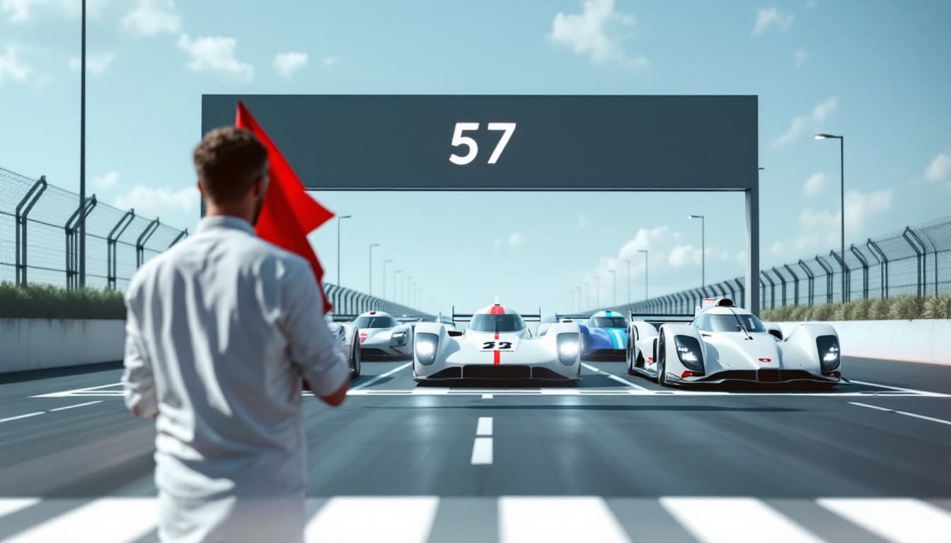 AI generated: There are 5 racing cars at the starting line.   Ahead of the starting line, behind the cars, stands ...