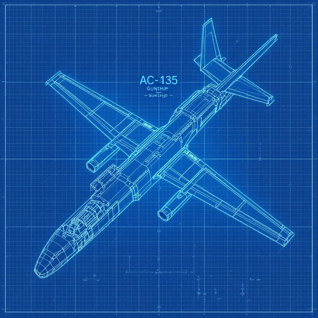 AI generated: 15.	“A blueprint for an AC-130 Gunship, high-res, blueprint grid as background”