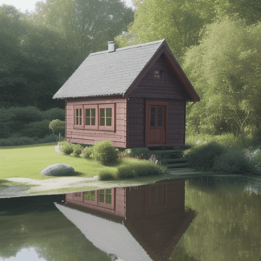 AI generated: a small wooden house, pond, garden