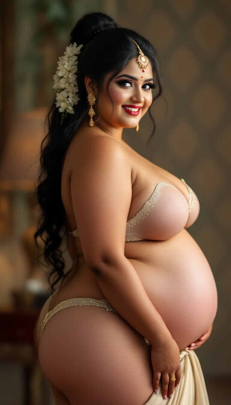 AI generated: full body  plus size Indian bride woman big ass  without blouse and flat tummy boobs undergarments, ...
