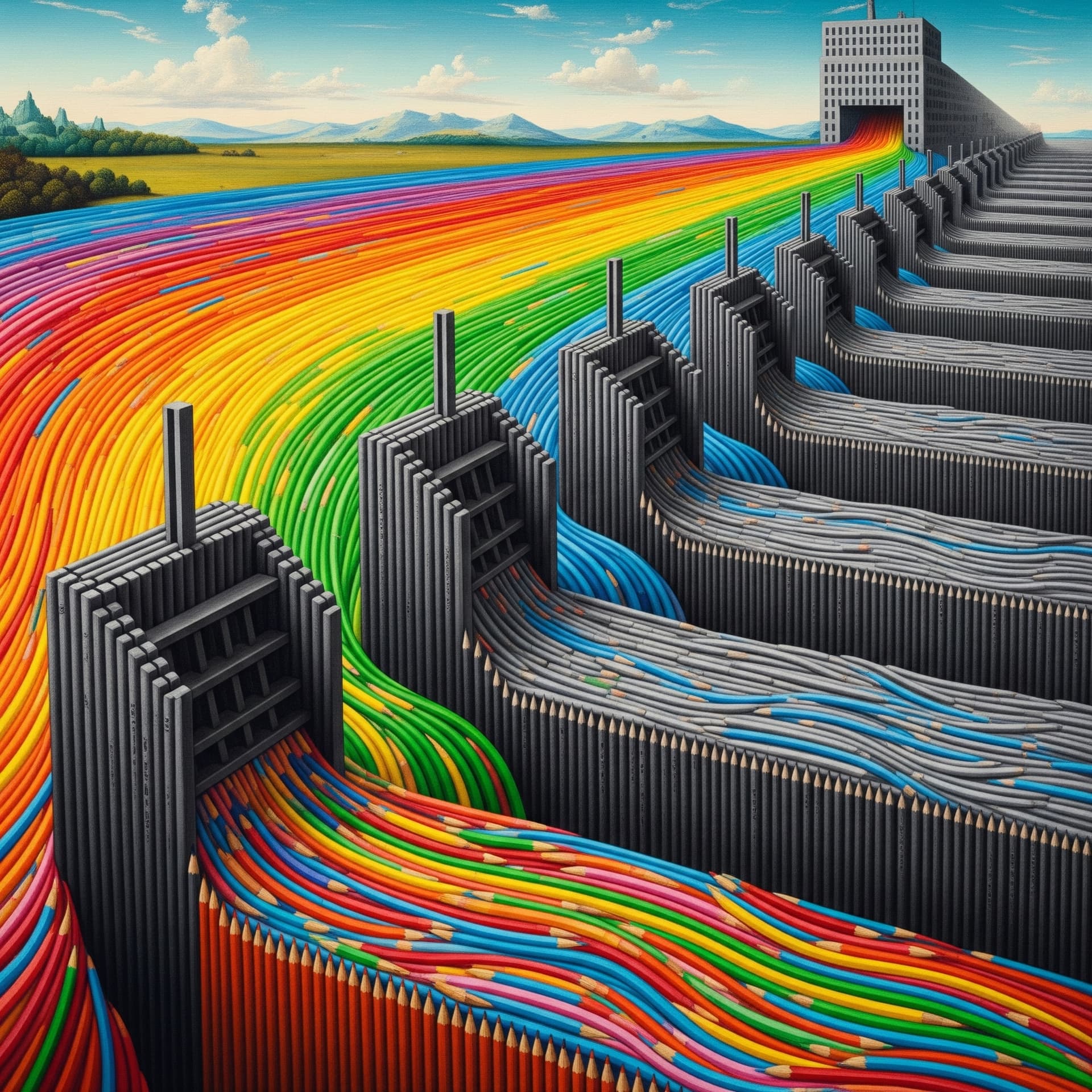 AI generated: A surreal and allegorical landscape painting. A wide, majestic river flows through the scene, made e...