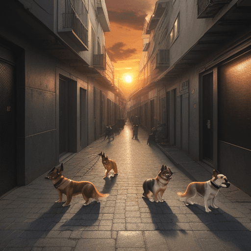 AI generated: Photo of street with five ultra realistic dogs hidden in different places, dramatic light, pale sunr...