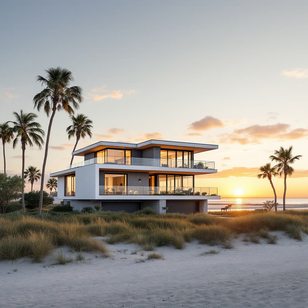AI generated: Two story modrn home set on a sandy shore with sunset behind it
