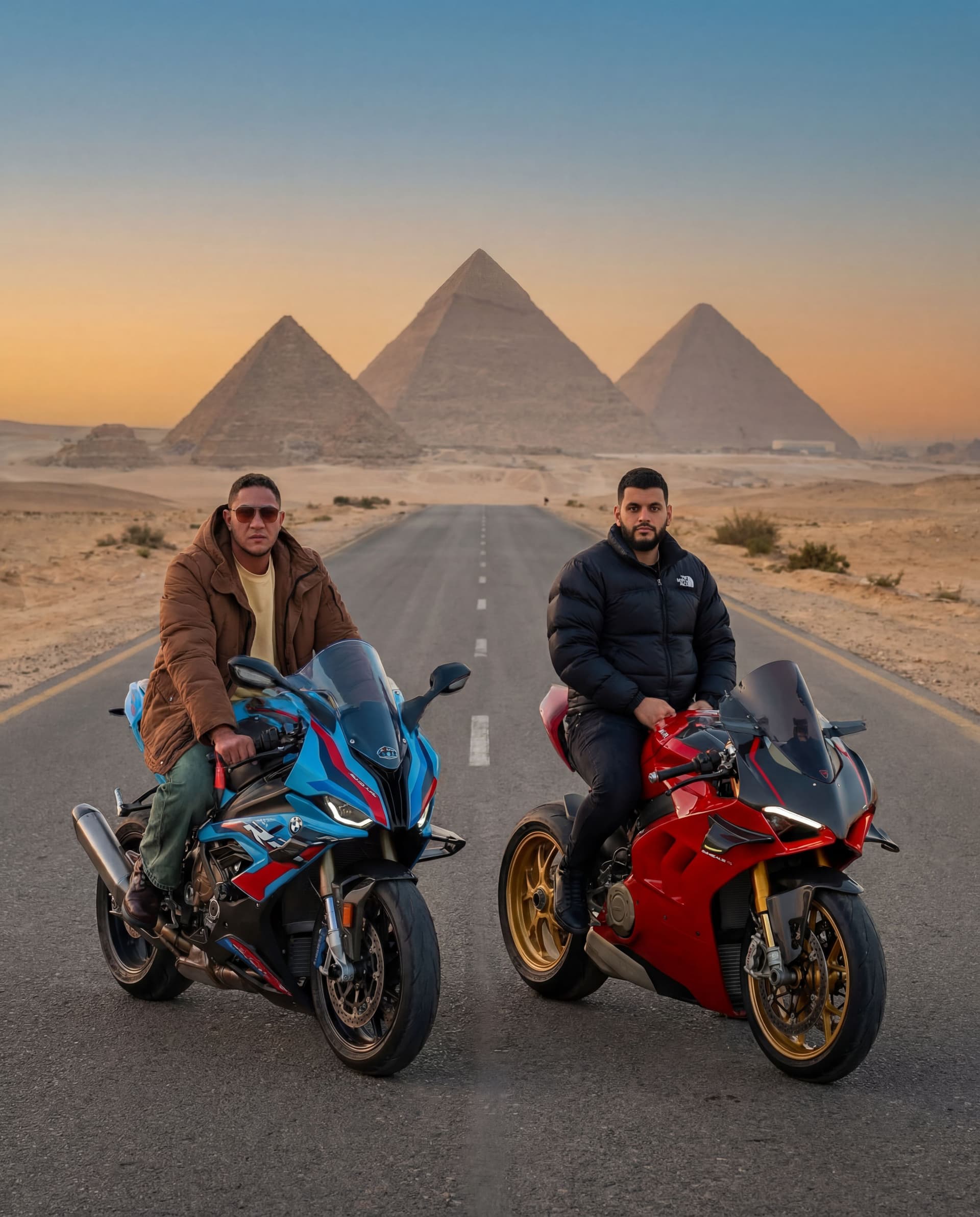 AI generated: Merge the two bikes and bikers in on picture with Great Pyramids of Giza in the background. 