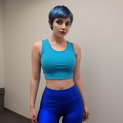 AI generated: attractive college girl | wearing a crop top and tight leggings | pixie cut | dyed her hair blue | l...