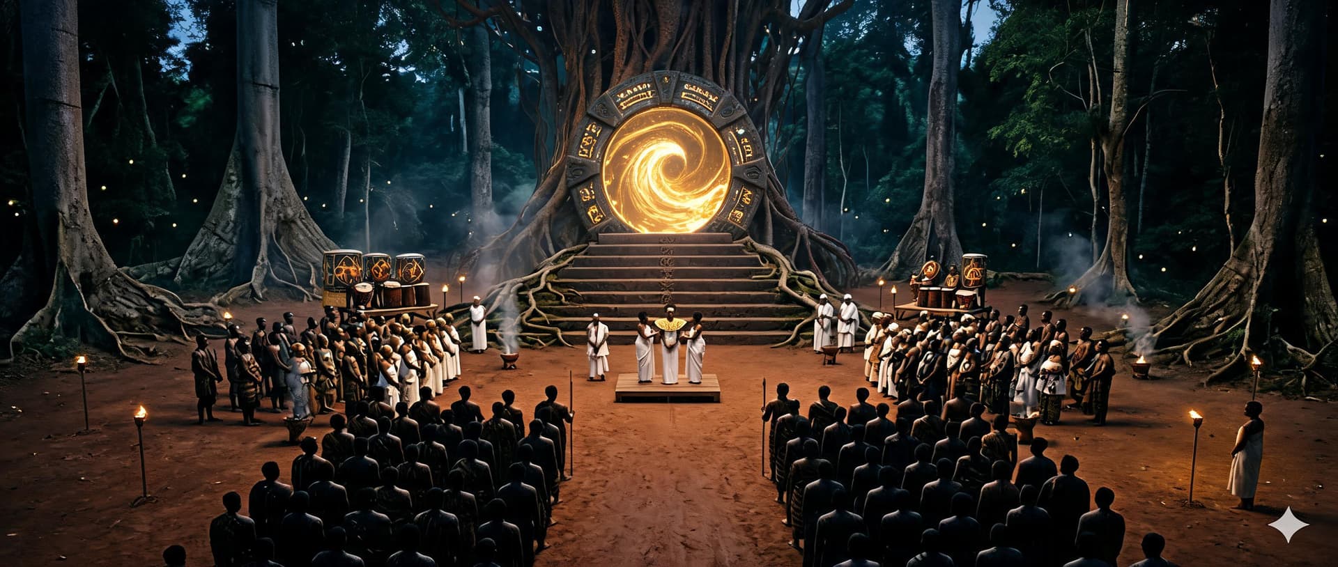 AI generated: ### Image Analysis

This image is a **cinematic Afro-futurist sacred ceremony** set in an ancient fo...