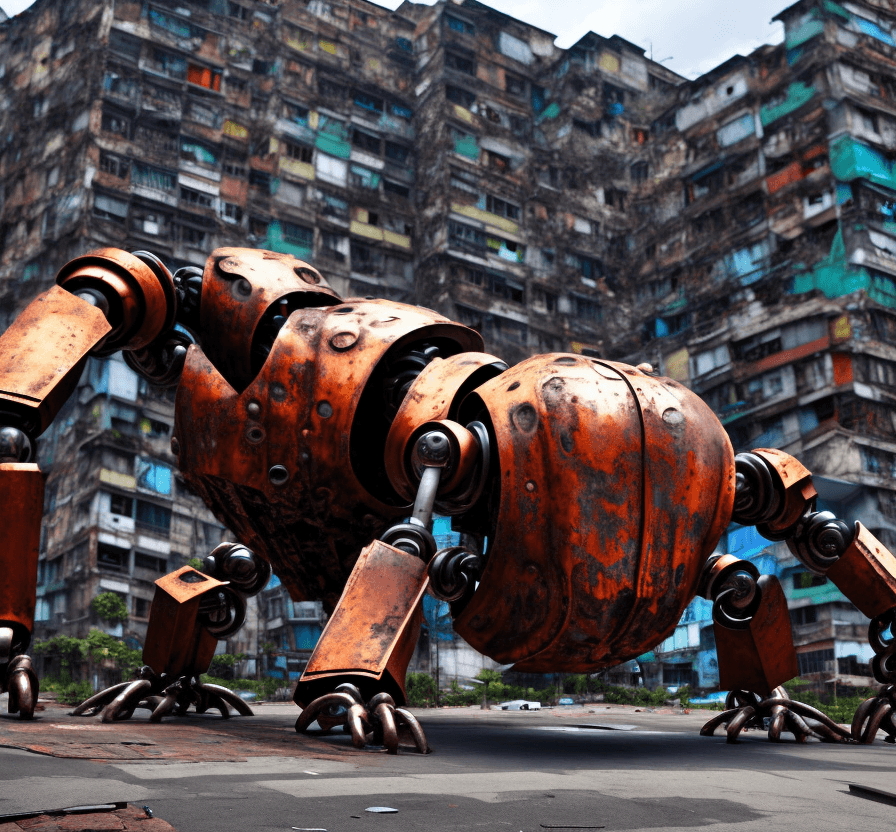 AI generated: a huge lost  rusted big robot  is sleeping. It is lying on the ground in the street in a  favela. . ...
