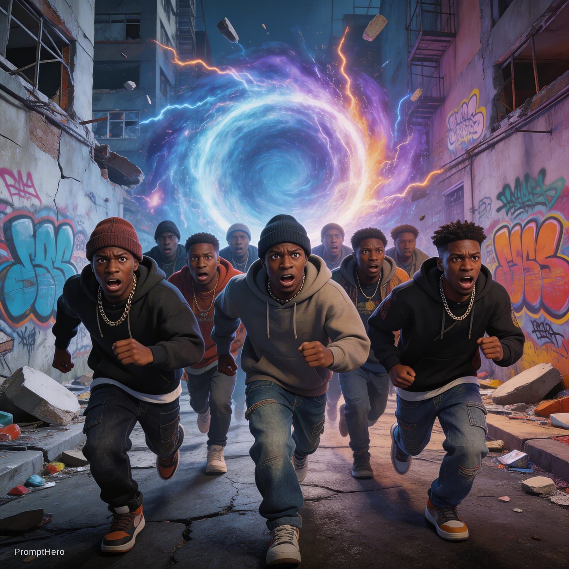 AI generated: A gritty, 3d styled illustration of a time portal with a lot of energy erupting around it ripping op...
