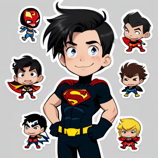 AI generated: sticker of cute boy like cartoon heroes with dark hair wearing superhero costumes