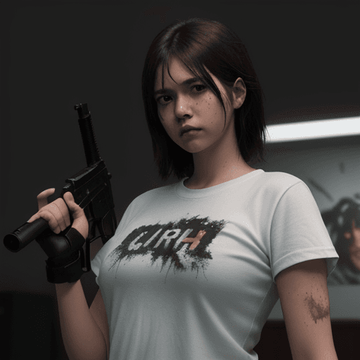 AI generated: a girl with white shirt and gun, in the style of comic book-style art, rendered in maya, junglecore,...