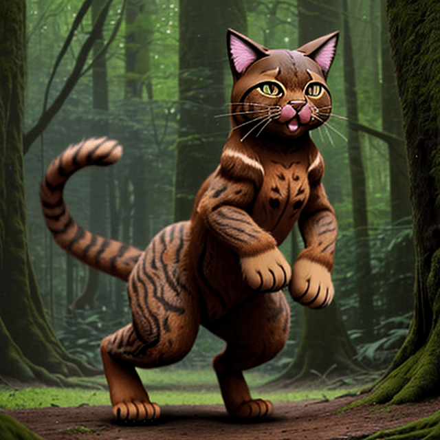 AI generated: frontal view of a nice, wise, giant brown cat dancing on rare paws in a  prehistoric forest,  fronta...