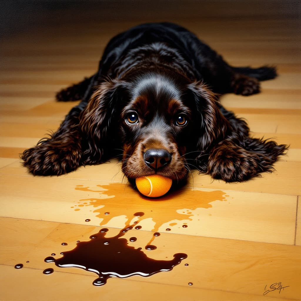 AI generated: cocker spaniel puppy lying flat on his belly, a wooden floor, head on the floor, facing the camera a...