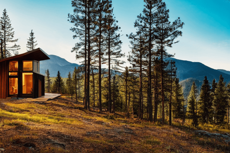 AI generated: single story modern cabin, mountains in background, very focused, pine trees , in-ground pool, parti...
