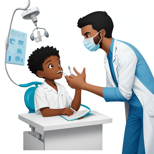 AI generated: a children book image of a dentist explaining a concept to a patient on a clinic. Make the dentist A...