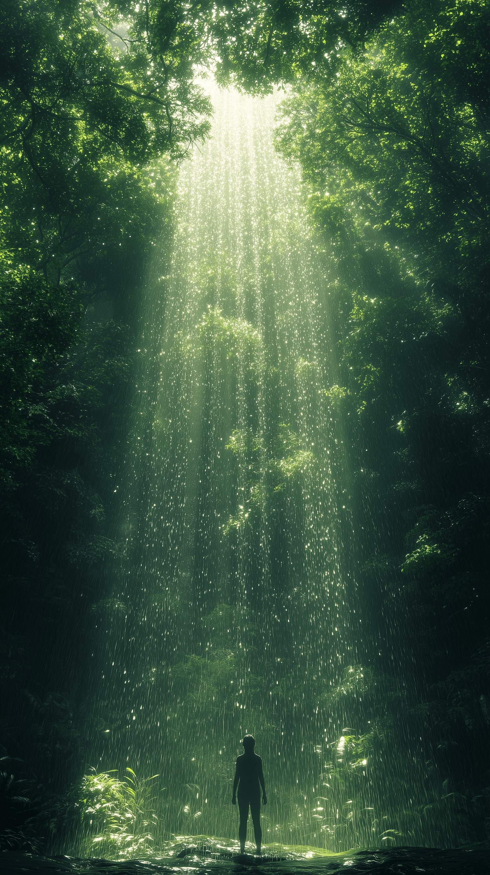 AI generated: solitary figure from behind, standing in the middle of a lush, dense forest during a rain shower, th...